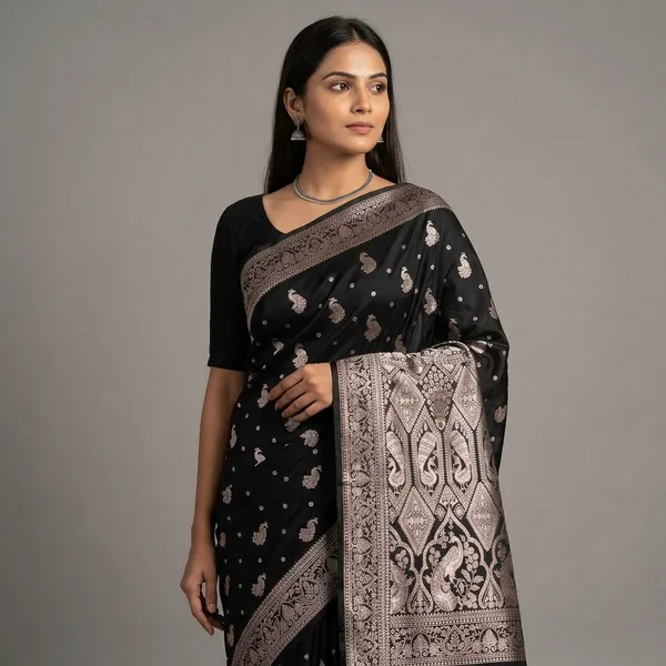 Black_Silk_And_Polyester_Saree_With_Blouse_Piece_For_Women