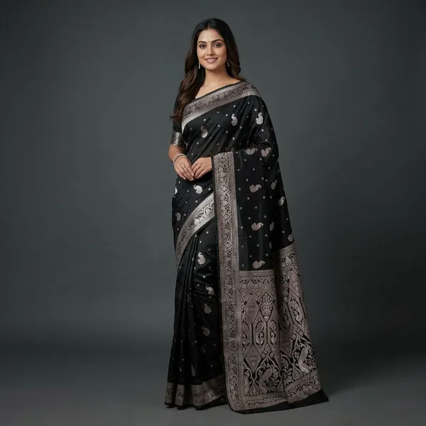 Black_Silk_And_Polyester_Saree_With_Blouse_Piece_For_Women
