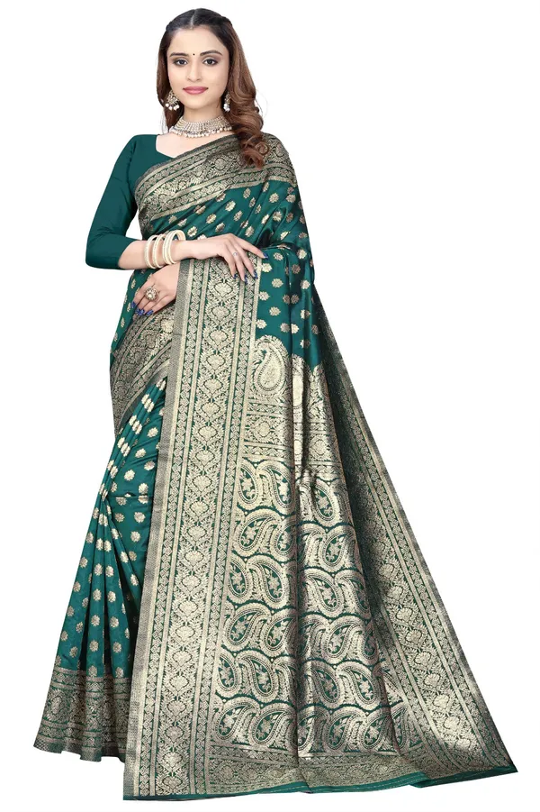 Green_Silk_And_Polyester_Saree_With_Blouse_Piece_For_Women