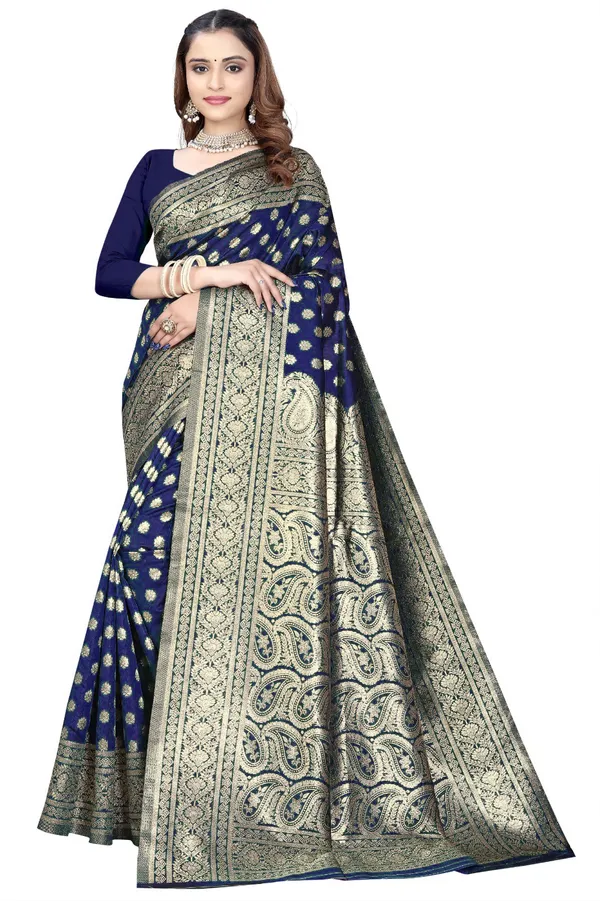 Navy_Blue_Silk_And_Polyester_Saree_With_Blouse_Piece_For_Women