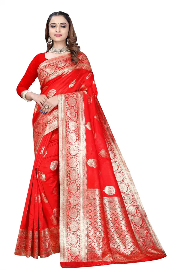 Red_Silk_And_Polyester_Saree_With_Blouse_Piece_For_Women