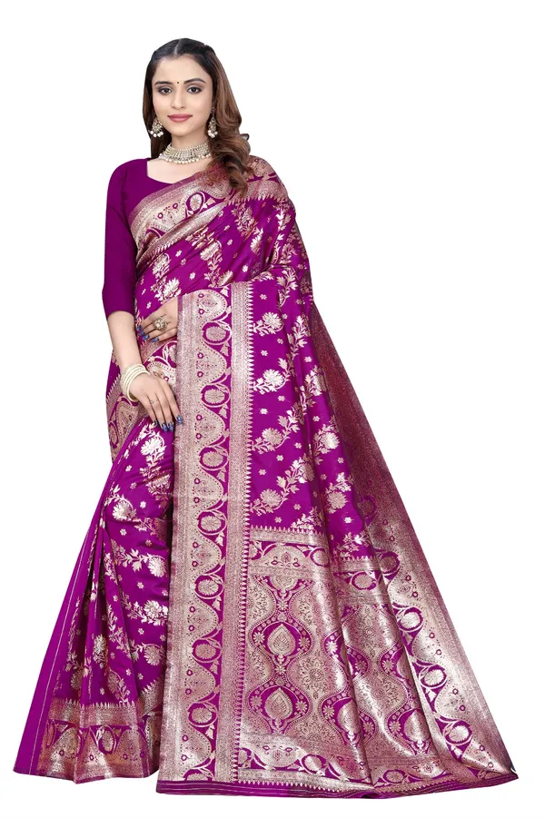 Purple_Silk_And_Polyester_Saree_With_Blouse_Piece_For_Women