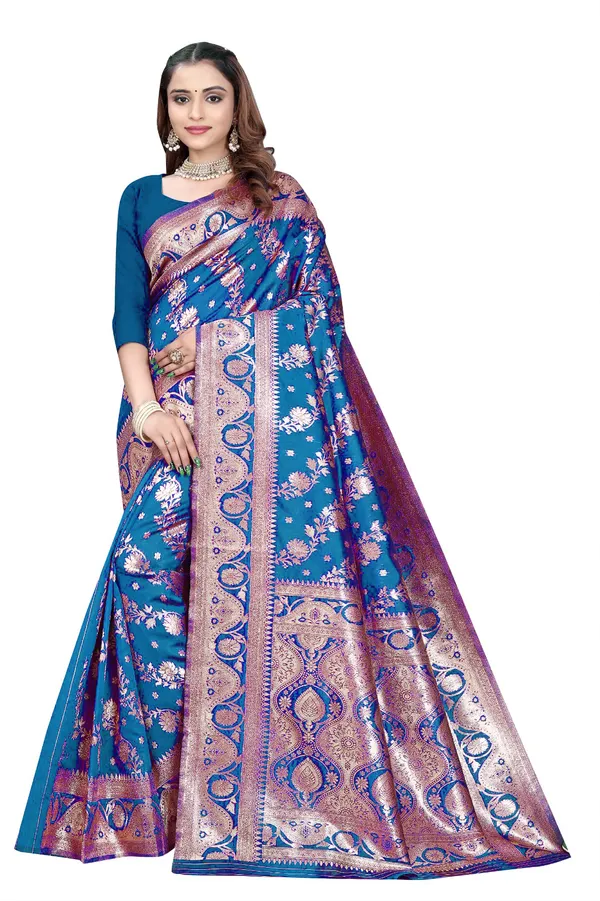 Blue_Silk_And_Polyester_Saree_With_Blouse_Piece_For_Women