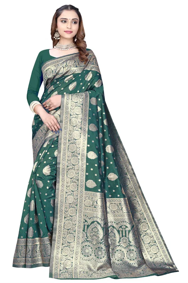 Green_Silk_And_Polyester_Saree_With_Blouse_Piece_For_Women