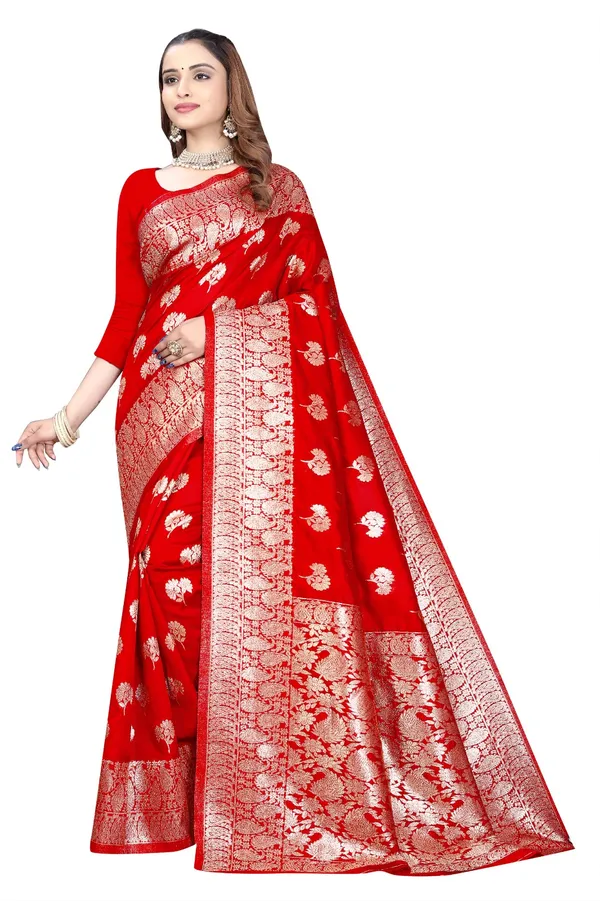 Red_Silk_And_Polyester_Saree_With_Blouse_Piece_For_Women