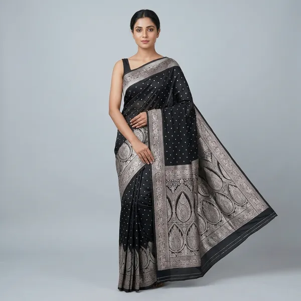 Black_Silk_And_Polyester_Saree_With_Blouse_Piece_For_Women