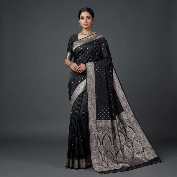 Black_Silk_And_Polyester_Saree_With_Blouse_Piece_For_Women