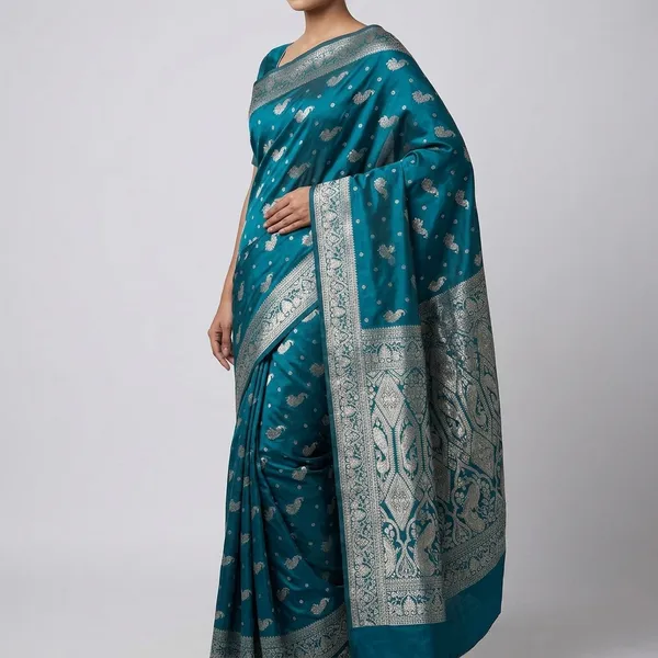 Teal_Blue_Silk_And_Polyester_Saree_With_Blouse_Piece_For_Women