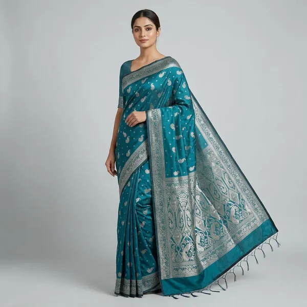 Teal_Blue_Silk_And_Polyester_Saree_With_Blouse_Piece_For_Women