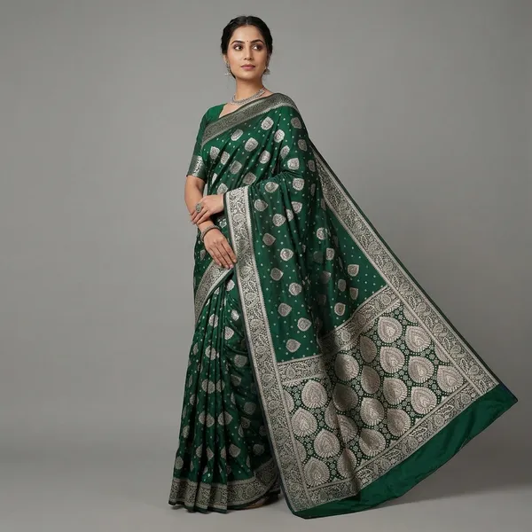 Green_Silk_And_Polyester_Saree_With_Blouse_Piece_For_Women