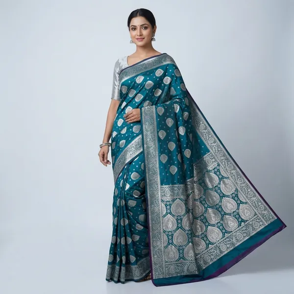 Teal_Blue_Silk_And_Polyester_Saree_With_Blouse_Piece_For_Women