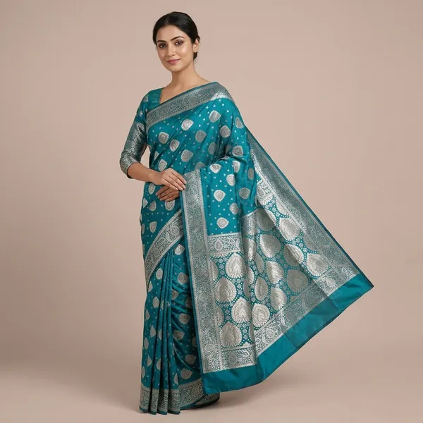 Teal_Blue_Silk_And_Polyester_Saree_With_Blouse_Piece_For_Women
