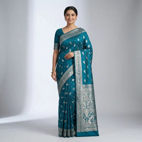 Teal_Silk_And_Polyester_Saree_With_Blouse_Piece_For_Women