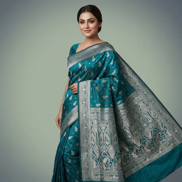 Teal_Silk_And_Polyester_Saree_With_Blouse_Piece_For_Women
