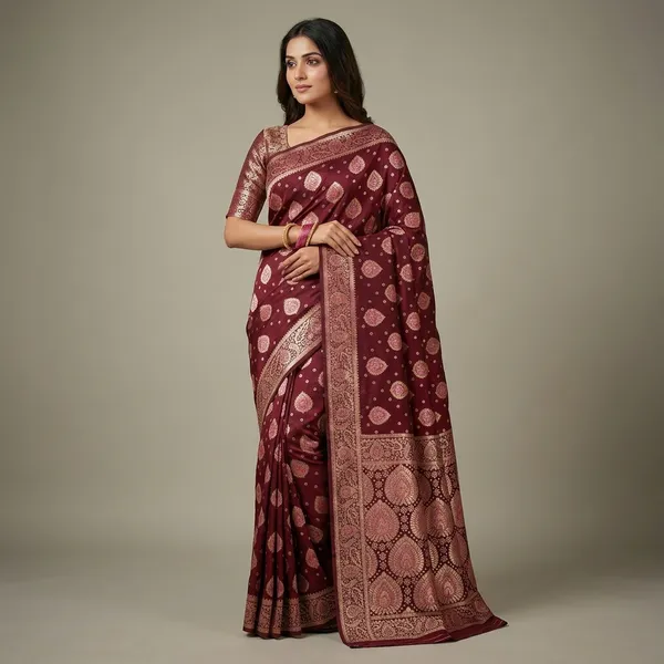 Maroon_Silk_And_Polyester_Saree_With_Blouse_Piece_For_Women