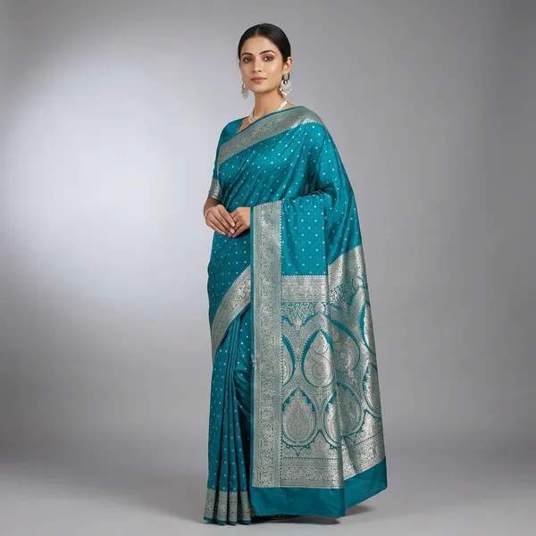 Teal_Blue_Silk_And_Polyester_Saree_With_Blouse_Piece_For_Women