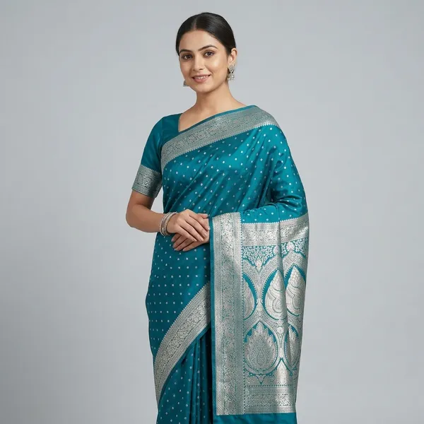 Teal_Blue_Silk_And_Polyester_Saree_With_Blouse_Piece_For_Women
