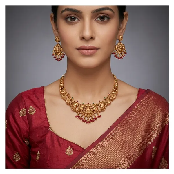 Golden_Brass_Temple_Red_Stone_Drop_Necklace_Set_For_Women