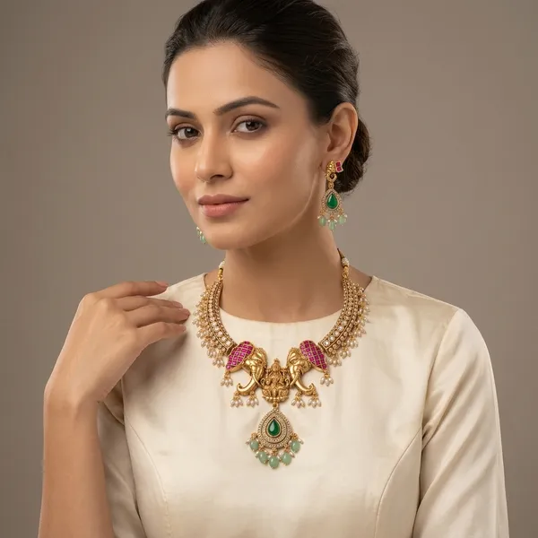 Gold_Multicolour_Elephant_Deity_Motif_Necklace_Set_For_Women