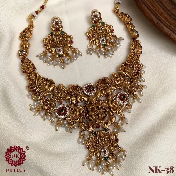 Golden_Brass_Antique_Temple_Pearl_Drop_Necklace_Set_For_Women
