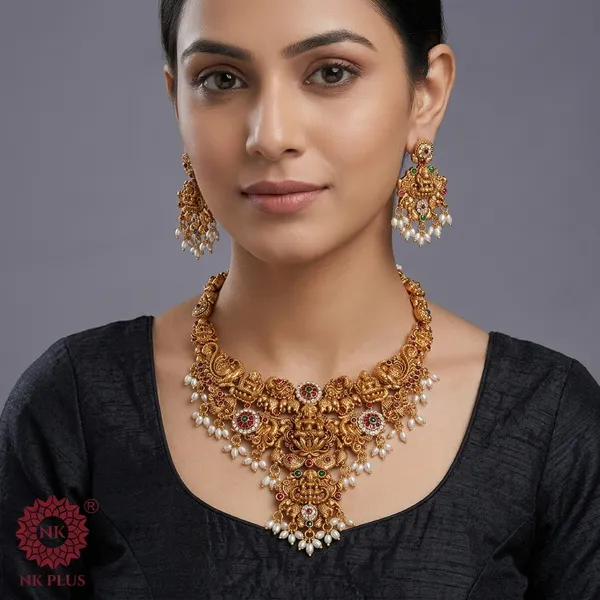 Golden_Brass_Antique_Temple_Pearl_Drop_Necklace_Set_For_Women