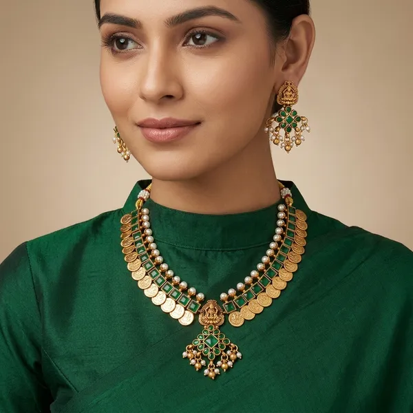 Golden_Green_Kundan_Lakshmi_Temple_Necklace_Set_For_Women
