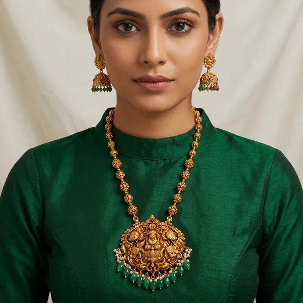 Golden_Green_Brass_Antique_Temple_Bead_Pendant_Necklace_Set_For_Women