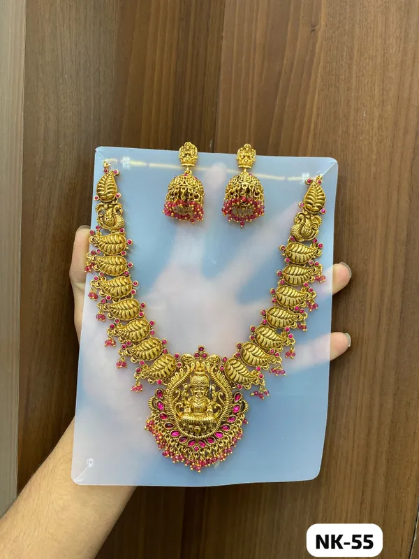 Gold_Plated_Temple_Mango_Motif_Pink_Beaded_Necklace_Set_For_Women