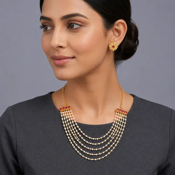 Golden_Pearl_Multi-Strand_Red_Stone_Necklace_Set_For_Women