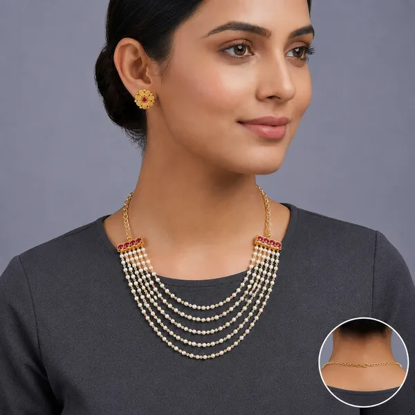 Golden_Pearl_Multi-Strand_Red_Stone_Necklace_Set_For_Women