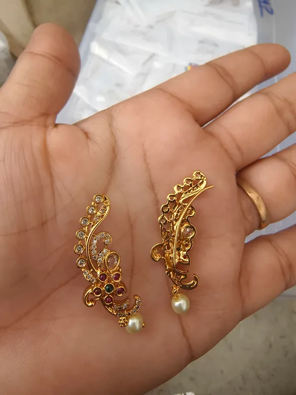 Golden_Brass_Filigree_Pearl_Drop_Ear_Cuff_Earrings_For_Women