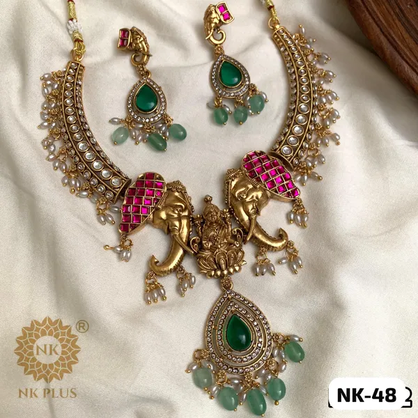 Gold_Multicolour_Elephant_Deity_Motif_Necklace_Set_For_Women
