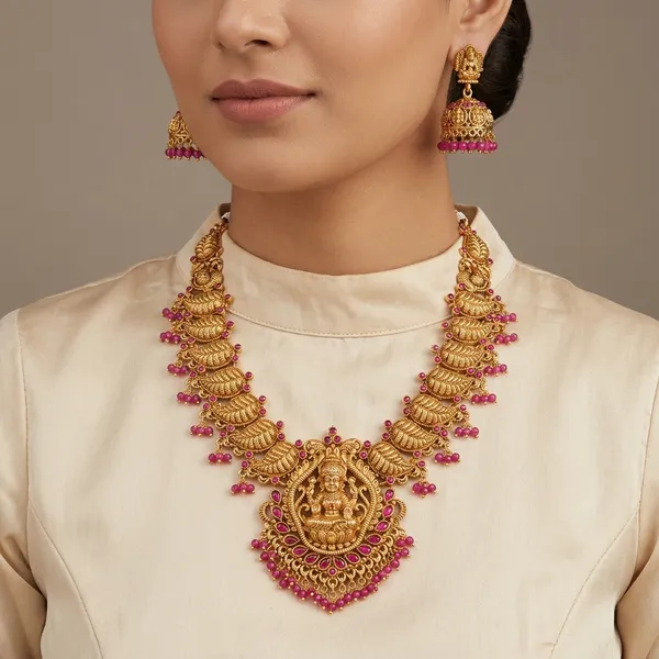 Gold_Plated_Temple_Mango_Motif_Pink_Beaded_Necklace_Set_For_Women