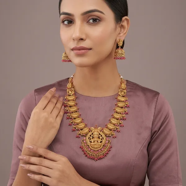 Gold_Plated_Temple_Mango_Motif_Pink_Beaded_Necklace_Set_For_Women