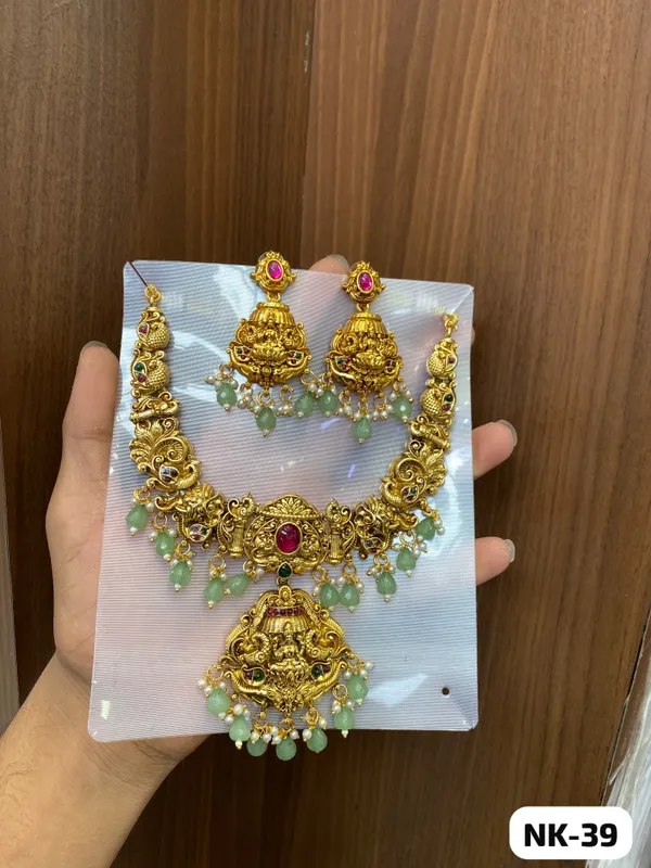 Golden_Brass_Temple_Goddess_Green_Bead_Necklace_Set_For_Women