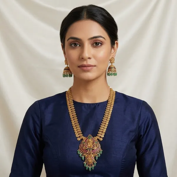 Multicolor_Brass_Temple_Style_Green_Stone_Necklace_Set_For_Women