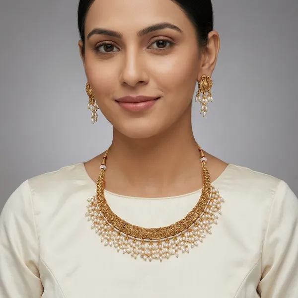 Gold_Plated_Paisley_Pearl_Drop_Necklace_Set_For_Women