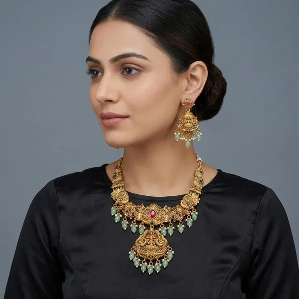 Golden_Brass_Temple_Goddess_Green_Bead_Necklace_Set_For_Women