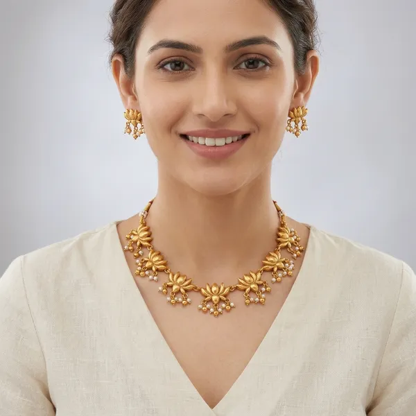 Gold_Plated_Lotus_Motif_Pearl_Bead_Necklace_Set_For_Women