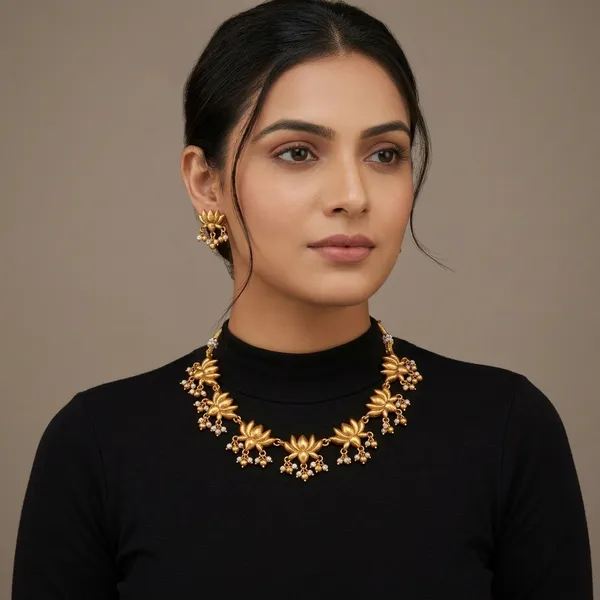 Gold_Plated_Lotus_Motif_Pearl_Bead_Necklace_Set_For_Women