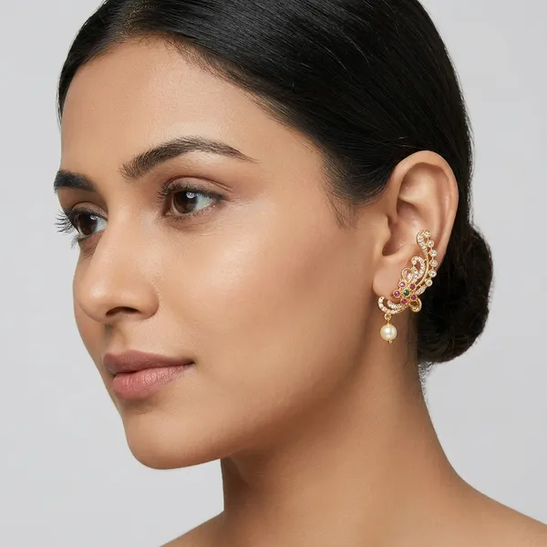 Golden_Brass_Filigree_Pearl_Drop_Ear_Cuff_Earrings_For_Women