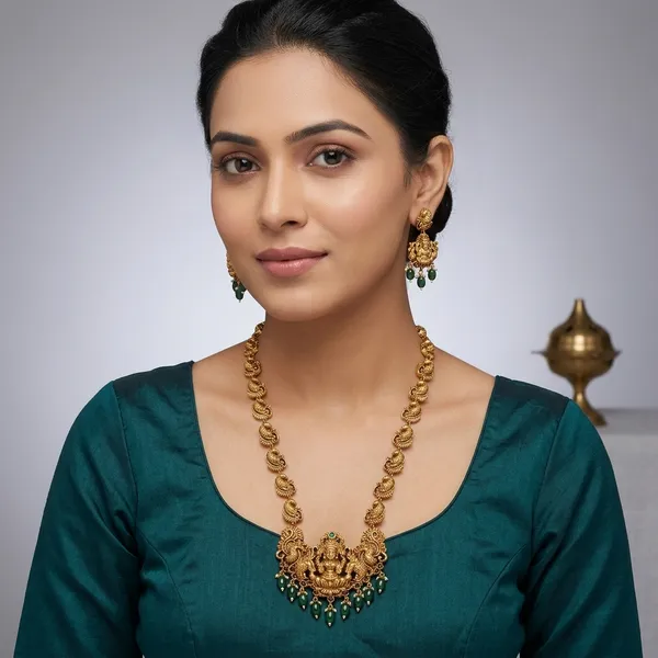 Gold_Plated_Temple_Motif_Green_Beaded_Necklace_Set_For_Women