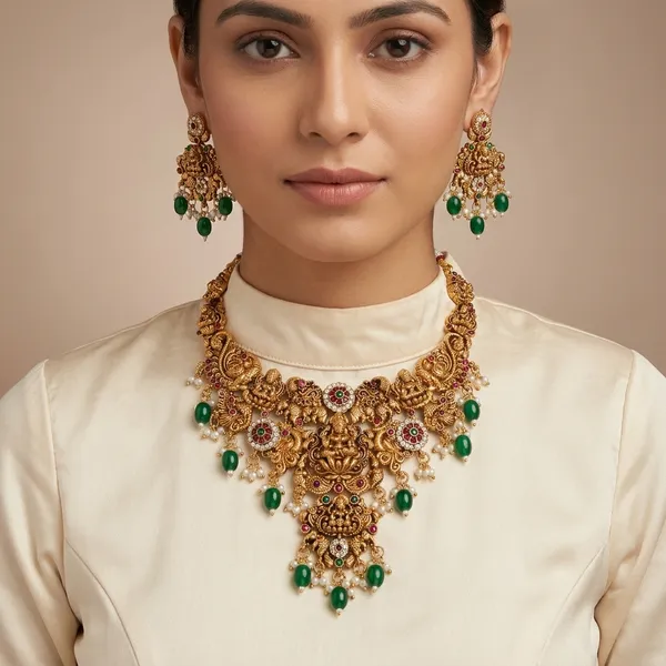 Antique_Gold_Kundan_Meenakari_Green_Drop_Necklace_Set_For_Women
