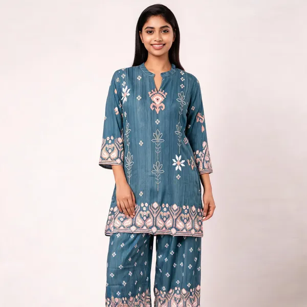Teal_Crepe_Straight_Ikat_Print_Co_Ord_Set_For_Women