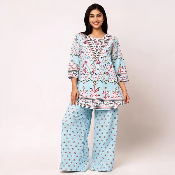 Blue_Turkish_Slub_Cotton_Straight_Geometric_Floral_Kurta_Pant_Co_Ord_Set_For_Women