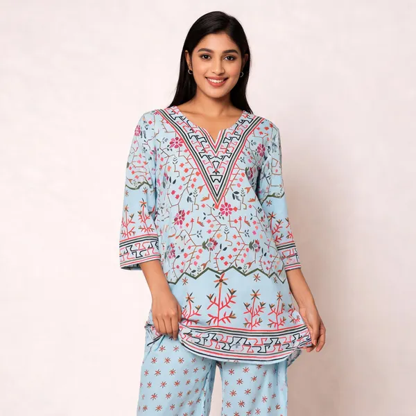 Blue_Turkish_Slub_Cotton_Straight_Geometric_Floral_Kurta_Pant_Co_Ord_Set_For_Women
