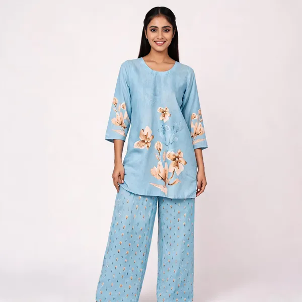 Blue_Muslin_Straight_Floral_Print_Kurta_Pant_Co_Ord_Set_For_Women