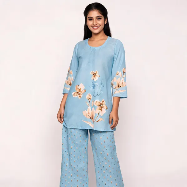 Blue_Muslin_Straight_Floral_Print_Kurta_Pant_Co_Ord_Set_For_Women