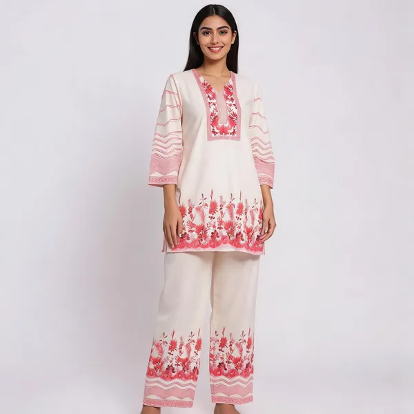 White_Pink_Rayon_Straight_Floral_Print_Kurta_Pant_Co_Ord_Set_For_Women