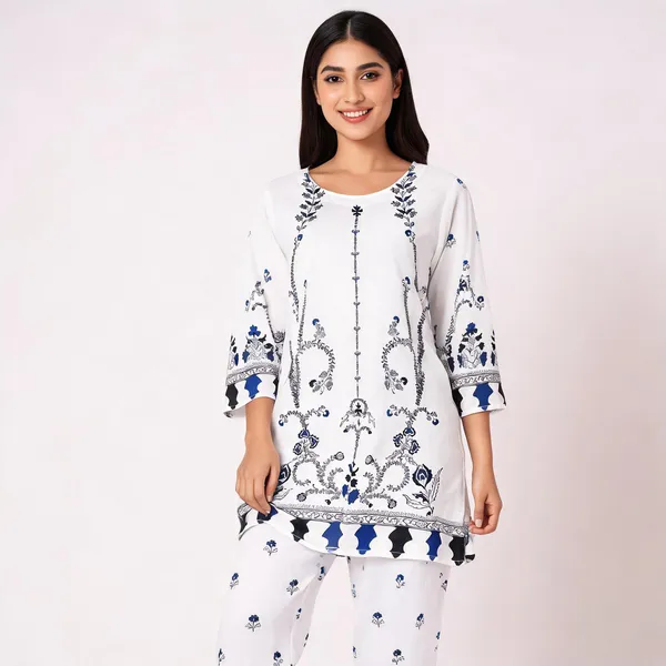 White_Blue_Rayon_Straight_Ethnic_Print_Co_Ord_Set_For_Women